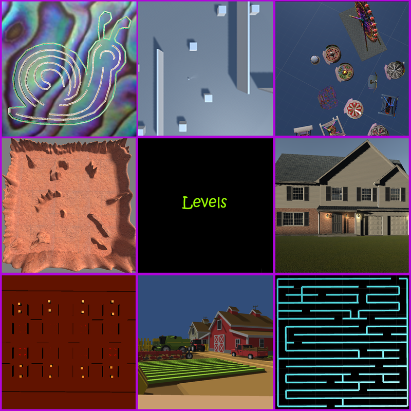 Poster is divided into 9 squares, the middle one saying Levels.  Top left: snail, top mid: blocks and walls; top right fairground; mid left, Mars rocks; mid right large house; bottom left, walls; bottom mid, farm; bottom right, maze.