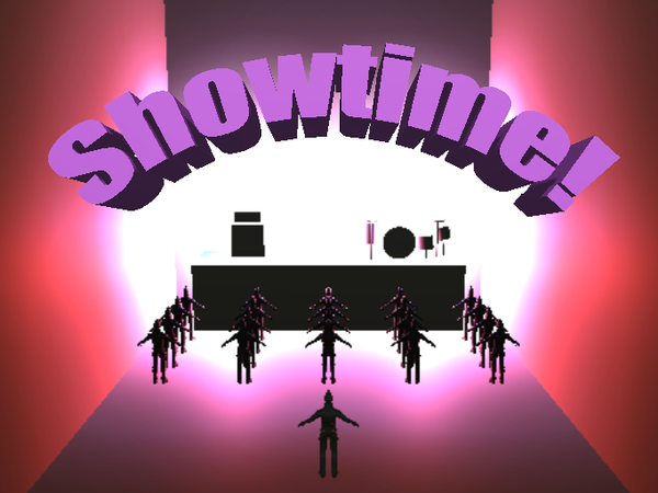 Poster advertises Showtime! with people dancing in front of a stage with musical equipment on it.