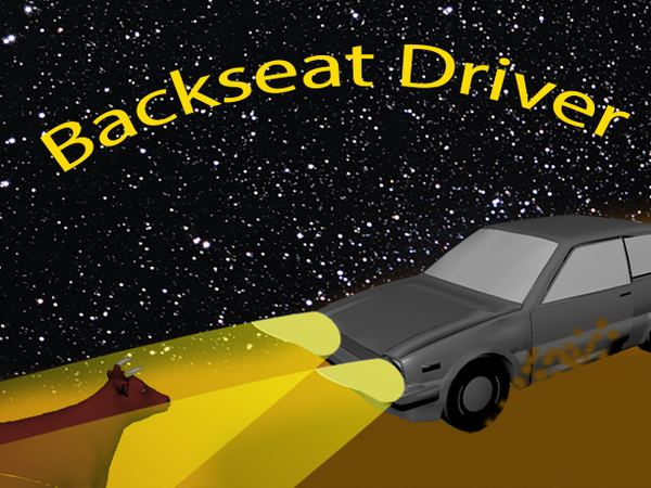 Poster advertises Backseat Driver.  A muddy car shines its headlights on a cow on the road in front of a starry background.
