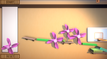 Game image shows windmills with wings like petals in between shelves and books, with a reset button on the side.