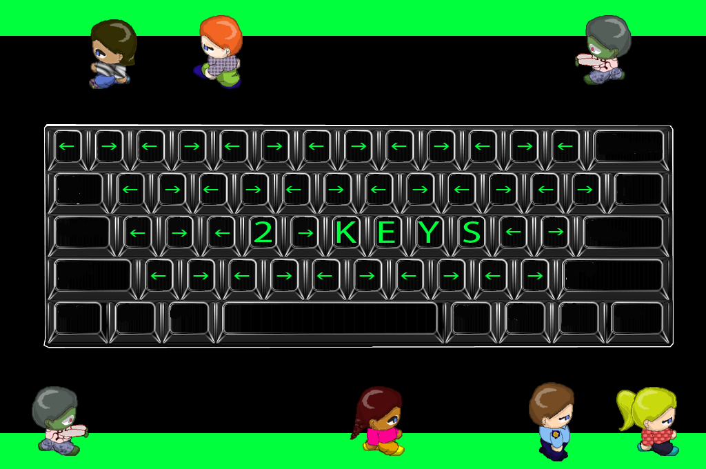 A keyboard has arrows over most of the keys, except central ones that spell out: 2 Keys.  Small cartoon people parade around the keyboard.