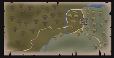 Hand-drawn map showing the forest path reaching the river and becoming the road to the castle of Kassel.  Below the castle, paths lead away, one ending at the heart-shaped well