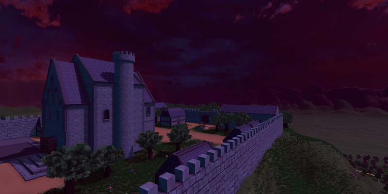 This side view of the castle shows the wall around the castle and a turret of the castle silhouetted against a purple night sky.