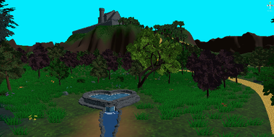 Heart-shaped well at the bottom of a hill.  Castle on top of the hill.  Trees on the hill slope.