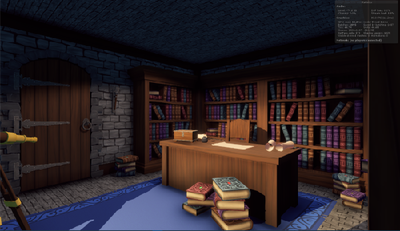 Library with books on the shelves and books piled in front of a desk, with parchment on the desk and a wooden box.