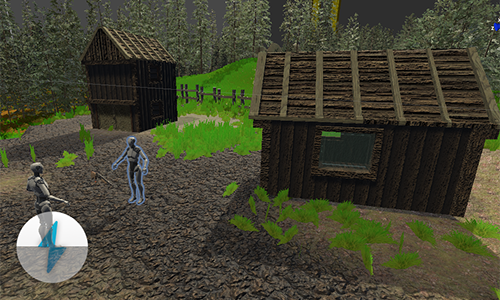 Two placeholder characters looking like robots stand beside wooden buildings and a wooden fence.