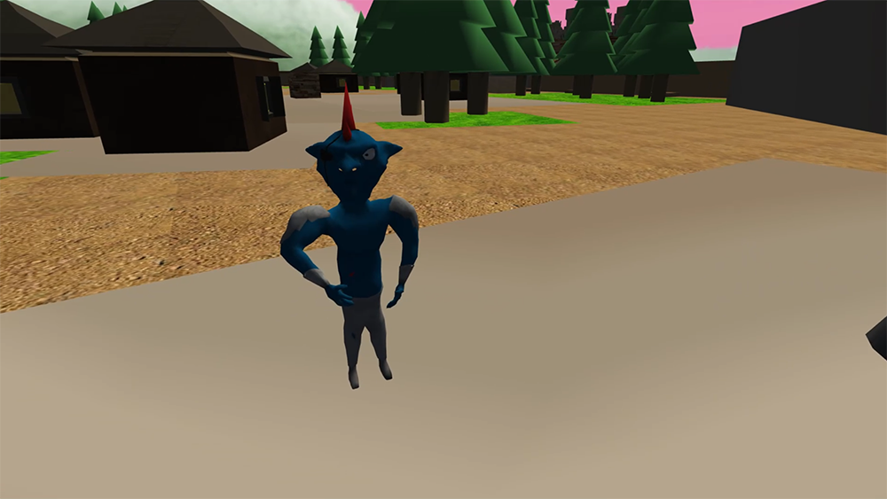 A goblin stands in front of cottages and trees.