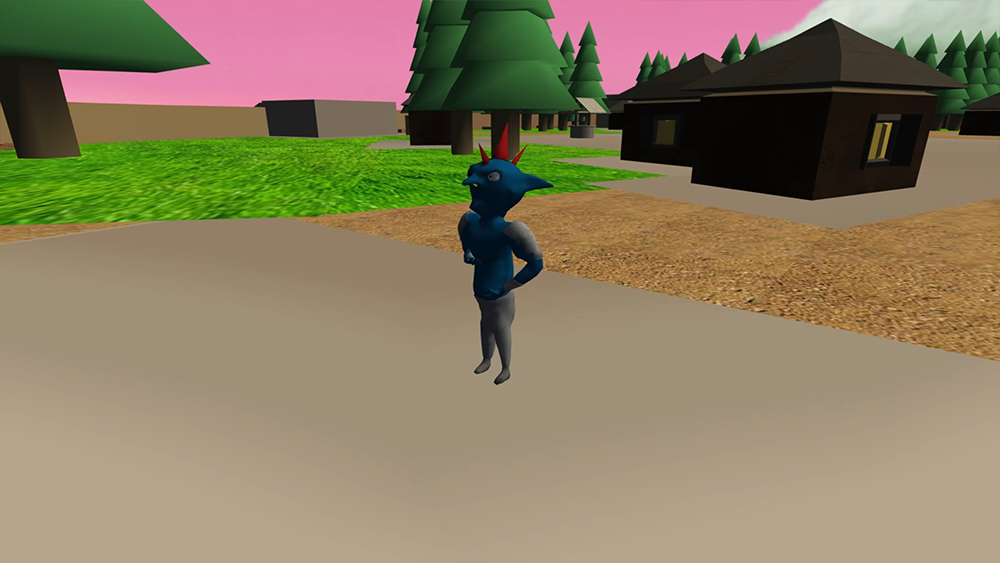 A goblin stands in front of trees and cottages.