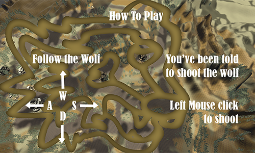 The path system in the shape of a wolf's head shown earlier is overlaid with arrows telling the player to use WASD keys to move and left mouse to shoot.