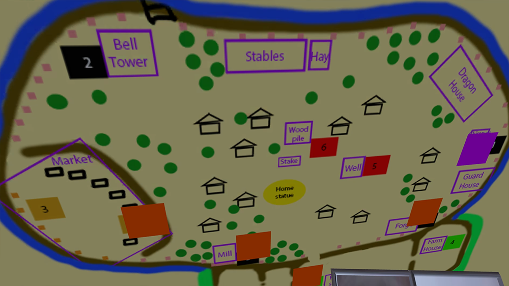 A map shows village huts and trees beside a market, a bell tower, stables, a dragon house, a guardhouse, and a forge.  There are numbered squares on the map representing missions.