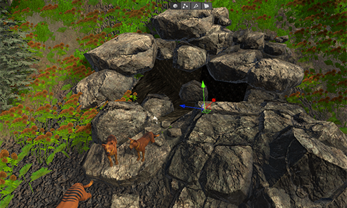 Pile of rocks around cave with thylacine adult and 2 puppies beside it.