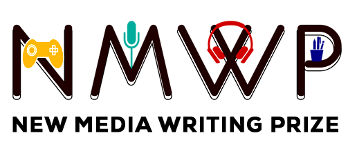 New Media Writing Prize logo, being the initials NMWP overlaid with a game controller, microphone, headset and pencil holder.Picture