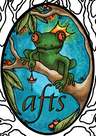 Australian Fairy Tale Society logo, being a frog on a branch wearing a crown