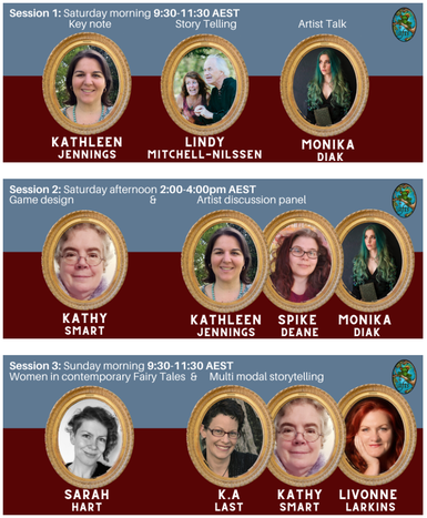 Schedule for Australian Fairytale Conference showing speakers' headshots in picture frames