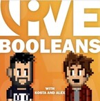 Logo saying Live Booleans with Kosta and Alex, showing pixellated images of Kosta Canetselis and Alex Ferrabetta.