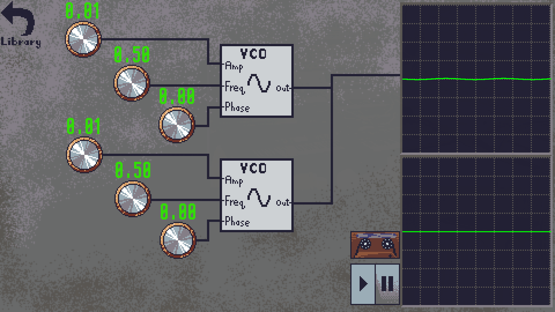 This is a screenshot from the game.  6 knobs on an oscilloscope form 2 triplets.  They have digital numbers above them.  Each triplet has a sign beside it saying: VCO: Amplitude, Frequency and Phase.  These knobs all feed into the top green wave.  A cassette player feeds into the bottom green wave.  A play and pause button is at the bottom.