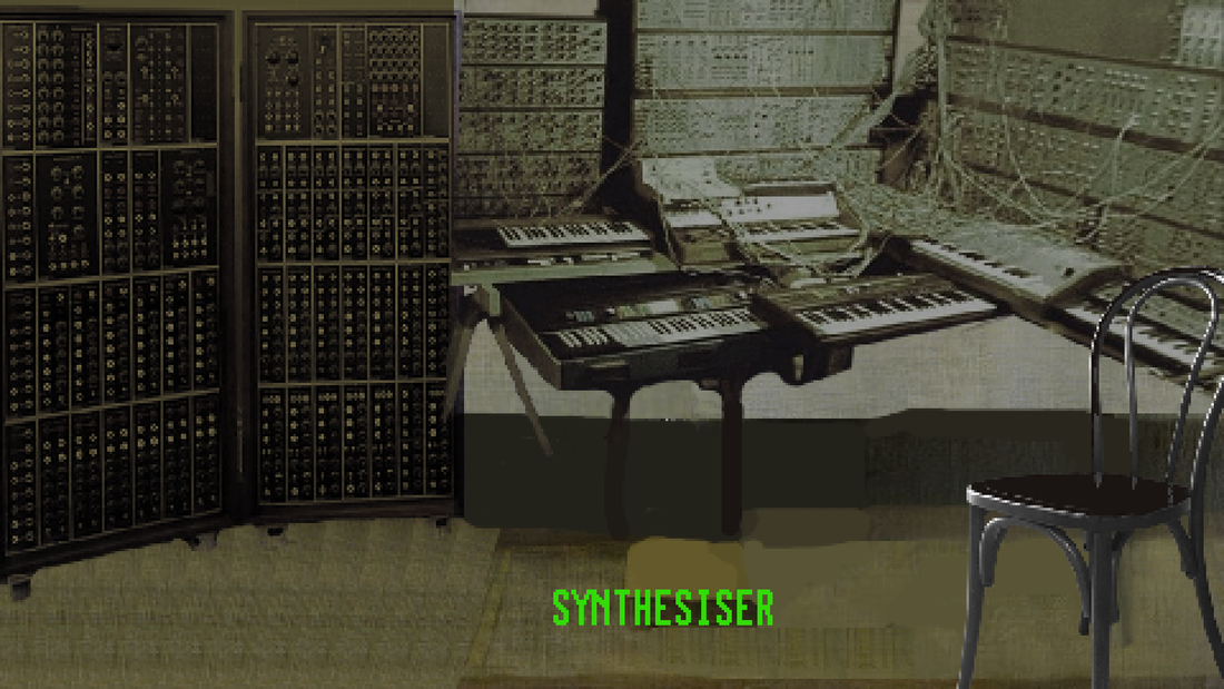 A room has plugs in the walls with cables running between them and to a strange combination of piano keyboards.  This is labelled synthesiser.  An empty chair stands in front of the synthesiser.