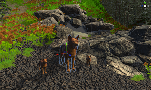 A famale thylacine stands beside two pups beside a rocky lair.