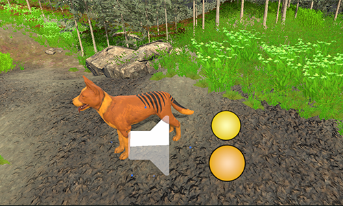 Thylacine being a dog-like creature with tiger stripes on its back end stands next to game icons like a speaker indicating it has an audio source, and circles being waypoint markers.