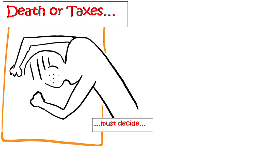 Cartoon of pimpled person laying head on desk with title: Death or Taxes... must decide.