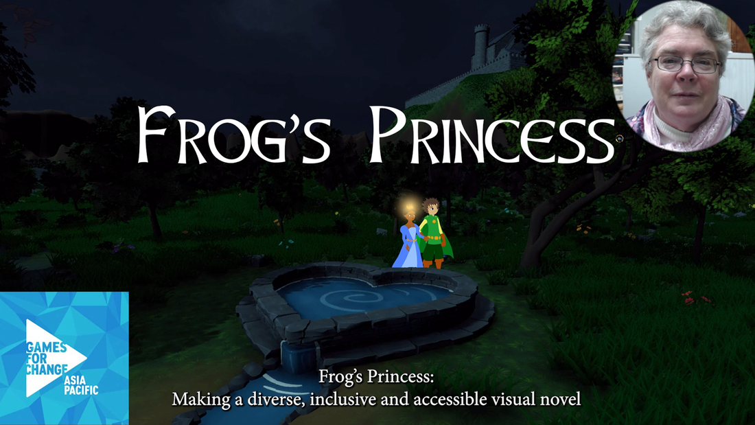 Poster showing Prince Francis and Princess Emma by a heart-shaped well at night time with a castle on a hill behind them.  Emma's crown is shining and they are looking at something shining in a tree.  In the top right hand corner is a headshot of Kathy Smart.  In the bottom left hand corner is the Games For Change Asia Pacific logo.  The poster is entitled Frog’s Princess: Making a diverse, inclusive and accessible visual novel.