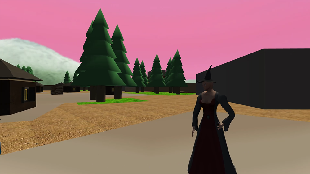 A witch stands in front of a shed and trees.