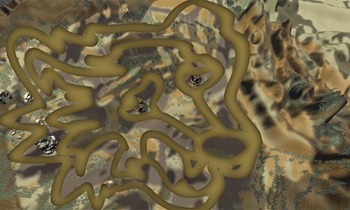 An overview of the terrain in camouflage colours shows the outline of a path system in the shape of a wolf's head.